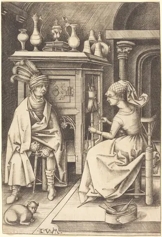 The Visit to the Spinner, by Israhel van Meckenem, ink, 1499