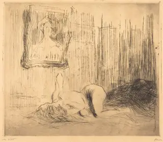 Sur le lit (On the Bed), by Jean-Louis Forain, ink, 1909