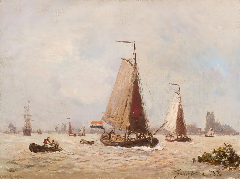 Zeilschepen voor de haven van Dordrecht, by Johan Jongkind, unspecified, 1870