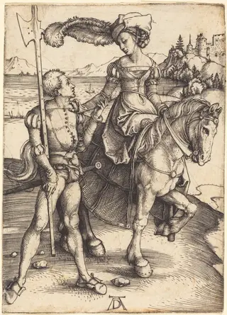 Lady on Horseback and the Lansquenet, by Albrecht Dürer, ink, 1497