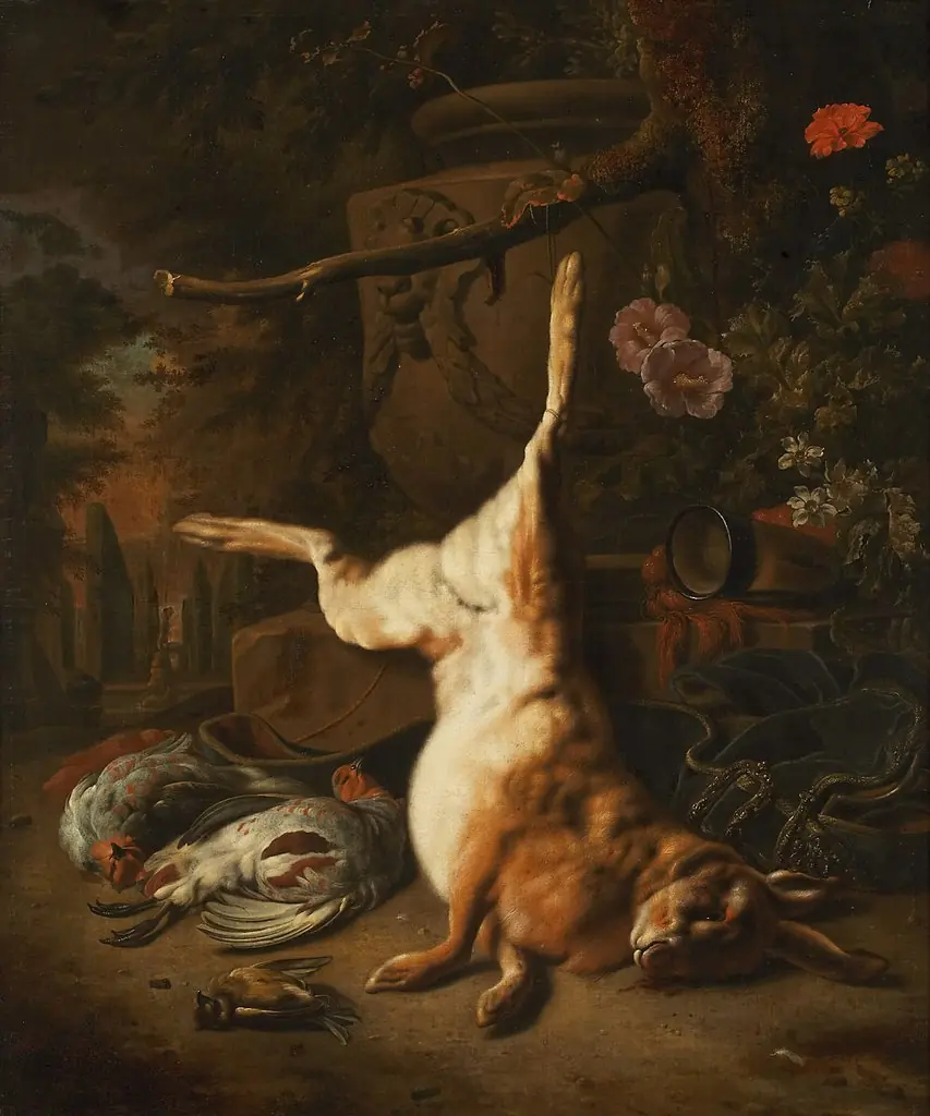 Still-life with dead hare in a park, by Jan Weenix, oil, 1696