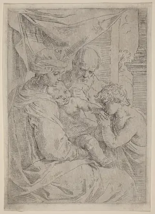 The Virgin and Child with Saint John, by Simone Cantarini, ink, 1630