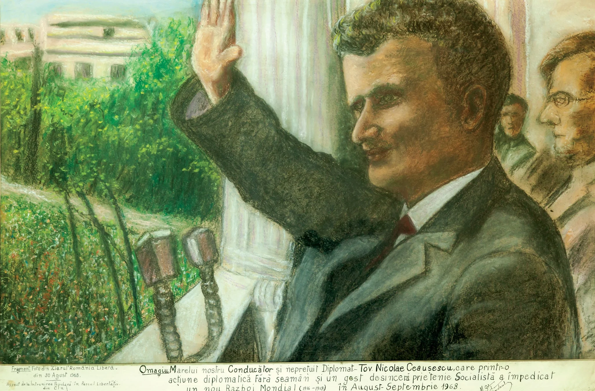 Tablou, desen pe carton, „Aspect de la întâlnirea populară din Parcul Libertății din Cluj”, 30. VIII. 1968. Tabloul este inspirat dintr-o fotografie apărută în ziarul România Liberă din data de 30 august 1968. În partea de jos o dedicație ”Omagiu marelui nostru conducător și neprețuit diplomat tov. Nicolae Ceaușescu, care printr-o acțiune diplomatică fără seamăn și un gest de sinceră prietenie socialistă a împiedicat un nou război mondial (1916-1918) în august - septembrie 1968.” semat H.G.Constant. Tablou ofert de autor lui Nicolae Ceaușescu., detail