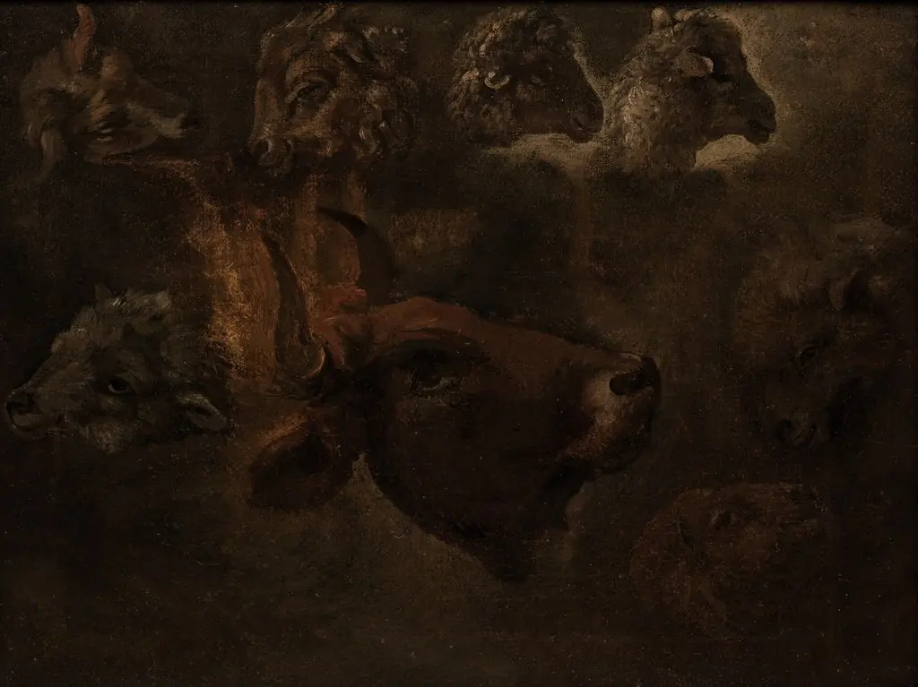 Studies of Animal Heads, by Thomas Cole, oil, 1835