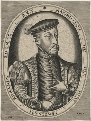 Maximilian II, Roman Emperor, by Frans Huys, ink, 1542