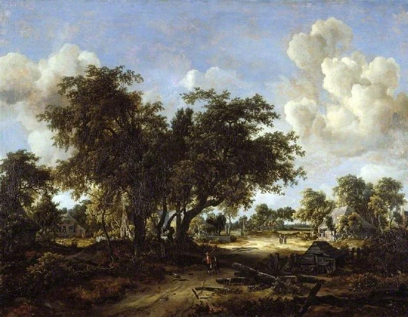 A wooded landscape with cottages, detail