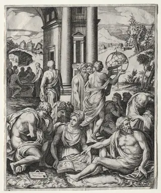An Assembly of Scholars, by Marco Dente, 1521