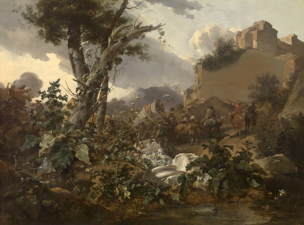 Italian Landscape with a Cavalry Battle, by Nicolaes Pieterszoon Berchem, oil, 1667