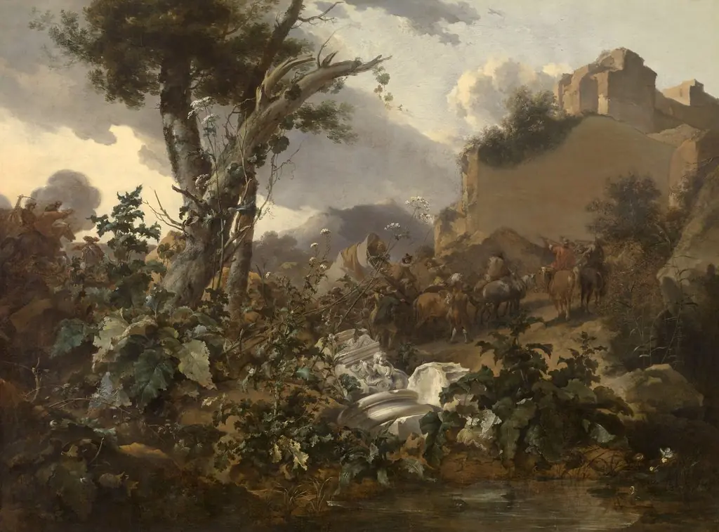 Italian Landscape with a Cavalry Battle, by Nicolaes Pieterszoon Berchem, oil, 1667