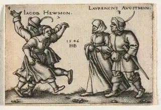 The Peasant Wedding or the Twelve Months:  7 Jacob Hewmon 8-Laurencius Augstmon, by Sebald Beham, 1546