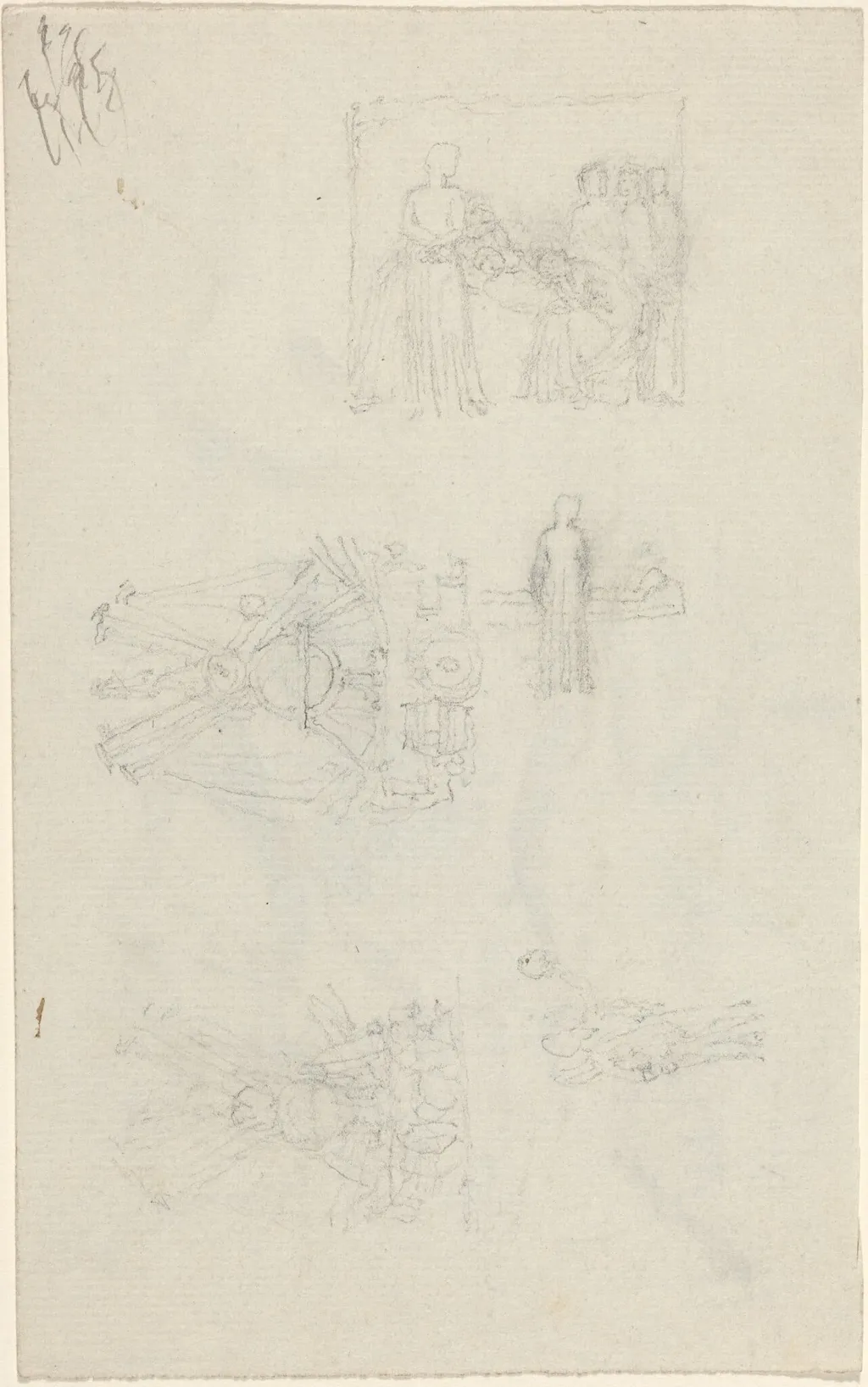 Studies of a Sickbed and Decorations for the Façade of Buckingham Palace [recto and verso], by John Flaxman, graphite, 1823