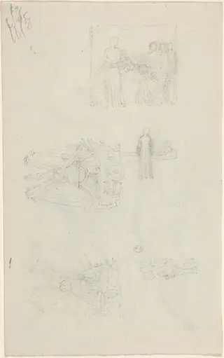 Studies of a Sickbed and Decorations for the Façade of Buckingham Palace [recto and verso], by John Flaxman, graphite, 1823
