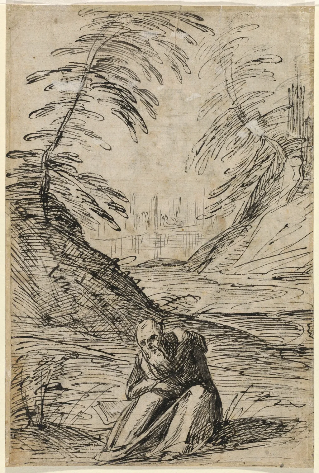 Desert Landscape with a Hermit (verso), by Hermann Weyer, ink, 1618