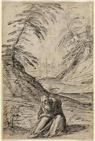 Desert Landscape with a Hermit (verso), by Hermann Weyer, ink, 1618