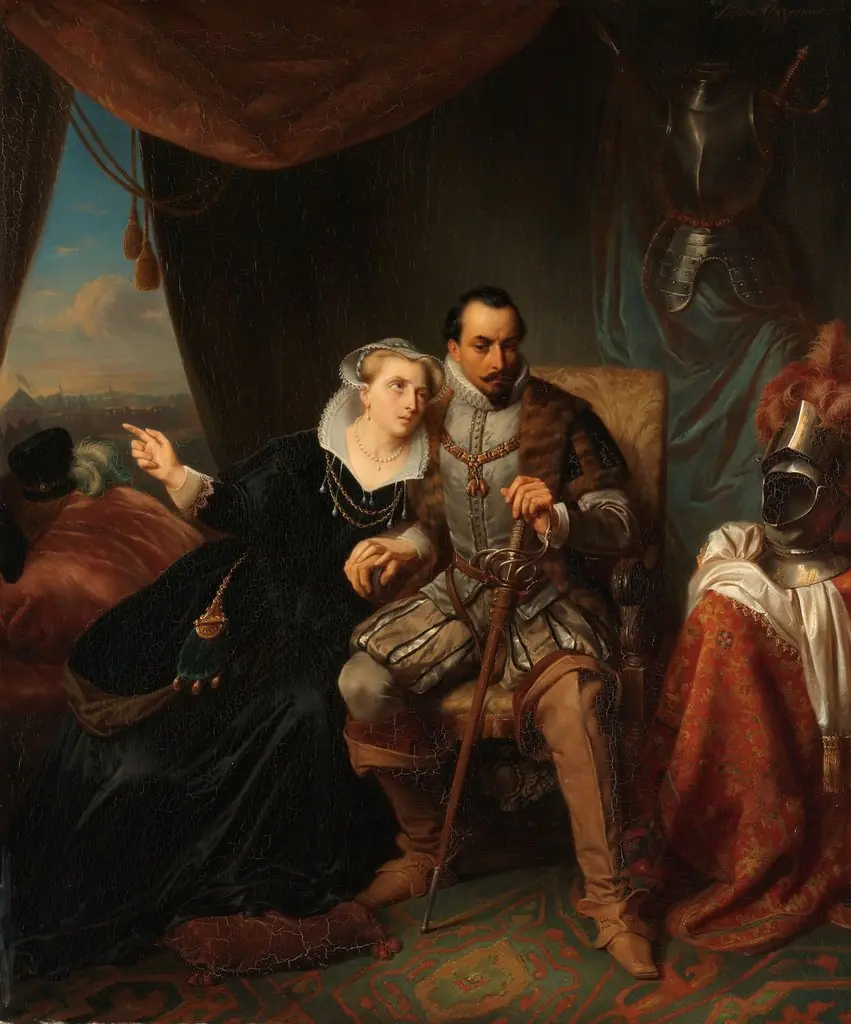 Magdalena Moons begs her fiancé Francisco Valdez to delay the siege of Leiden one more day, by Simon Opzoomer, oil, 1850