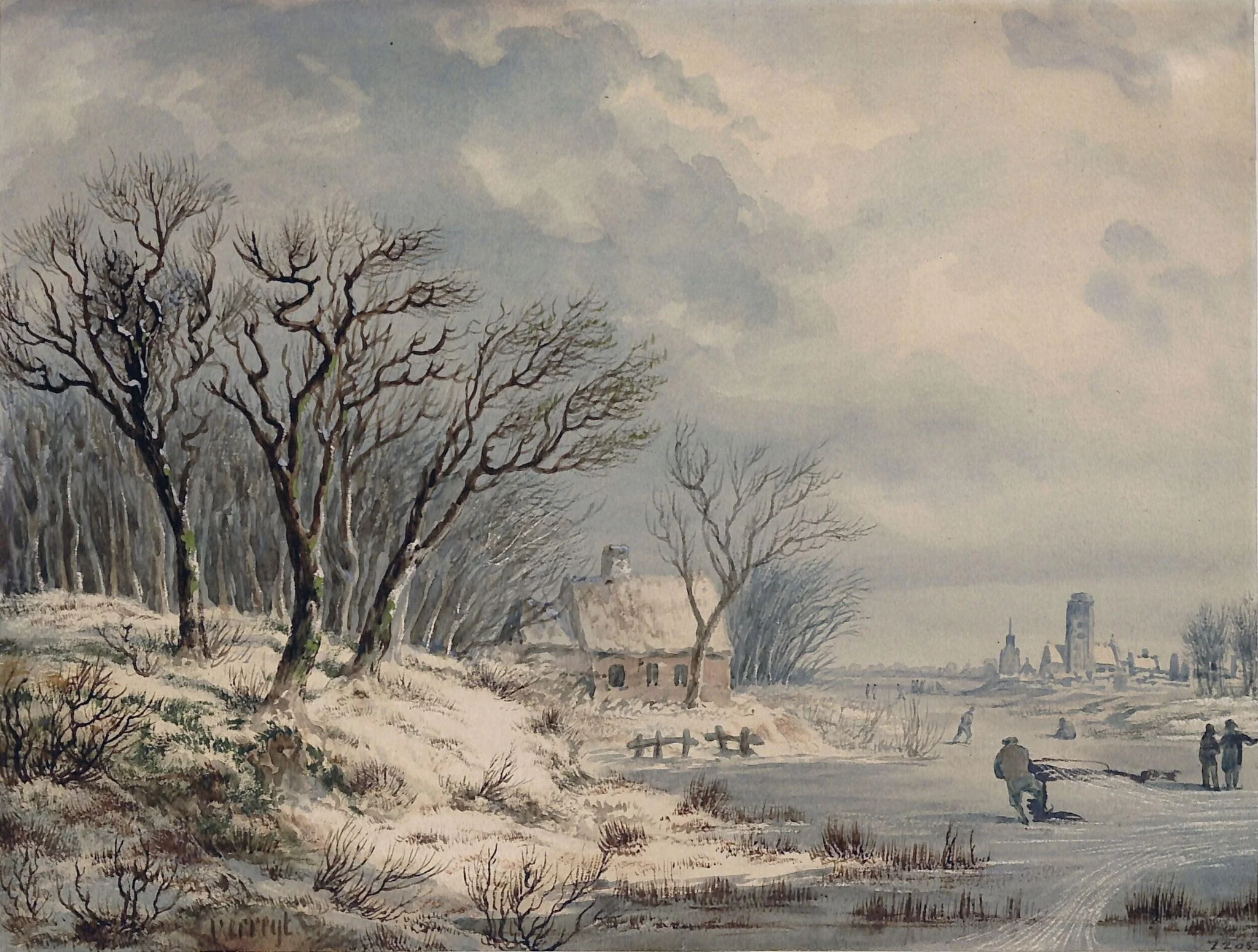 A Winter Landscape with a Frozen River, detail