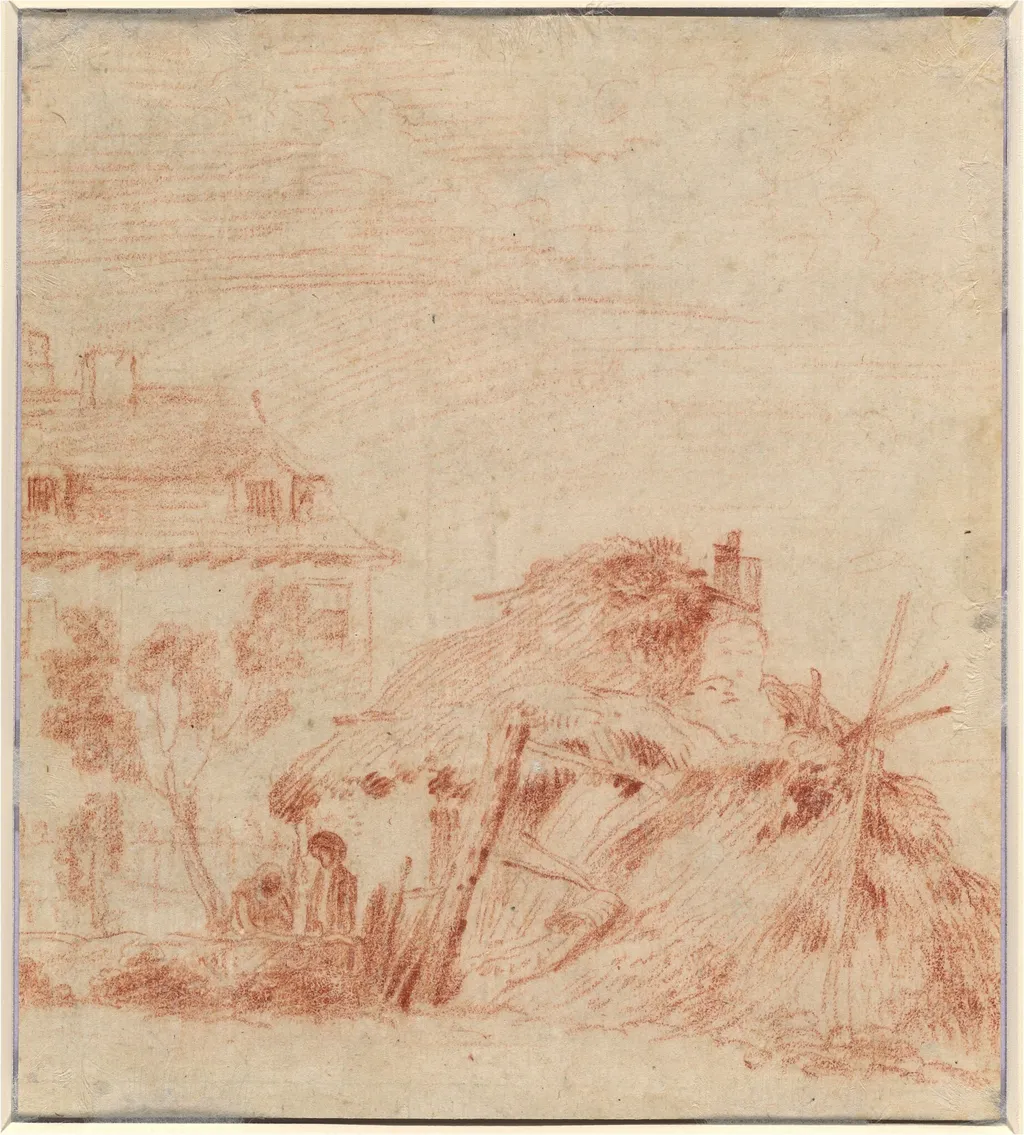 View of a House, a Cottage, and Two Figures [verso], by Jean Antoine Watteau, chalk, 1718