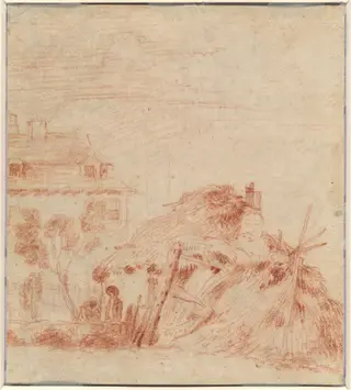 View of a House, a Cottage, and Two Figures [verso], by Jean Antoine Watteau, chalk, 1718