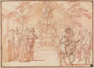 Scene from "The Tomb of Master André", by Claude Gillot, watercolor, 1706