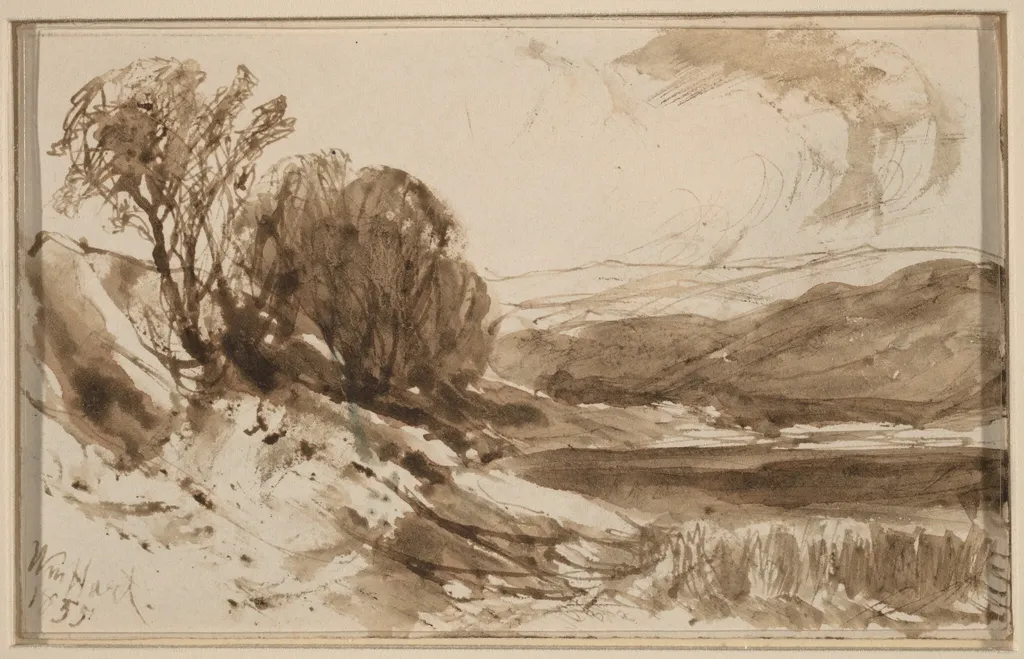 Hilly Landscape with Trees, by William Hart, ink, 1855