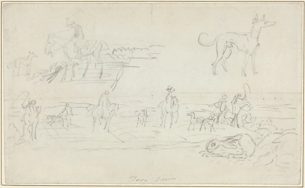 Huntsmen with Hounds and a Crouching Hare [recto], by James Seymour, graphite, 1727