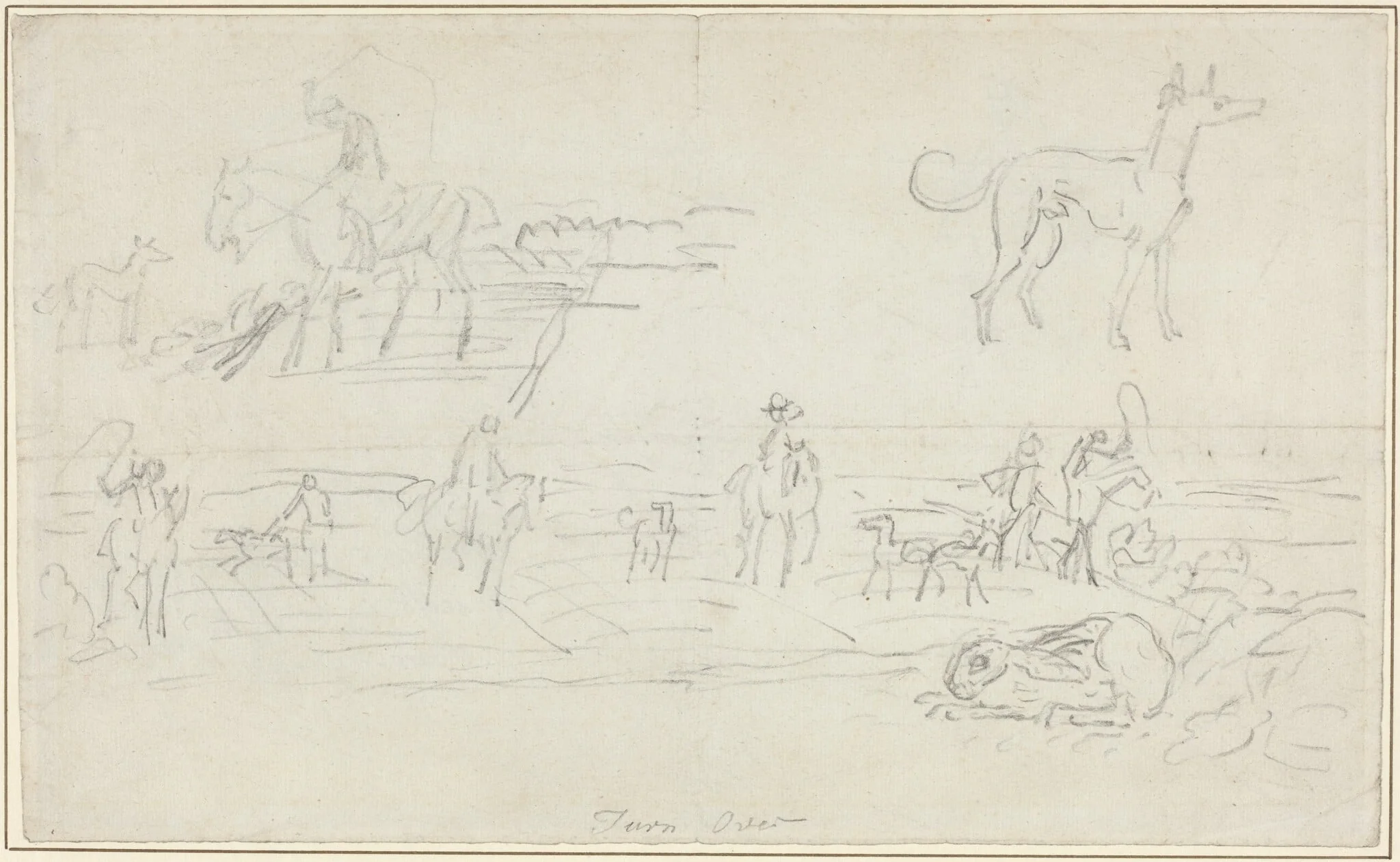 Huntsmen with Hounds and a Crouching Hare [recto], detail