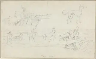 Huntsmen with Hounds and a Crouching Hare [recto], by James Seymour, graphite, 1727