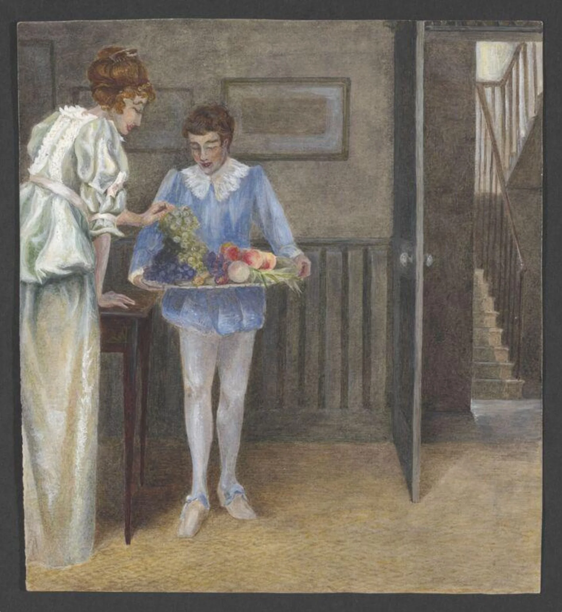 A lady being handed grapes by a page in an interior, detail