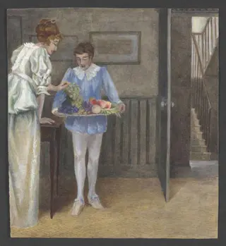 A lady being handed grapes by a page in an interior, by Beatrix Potter, watercolor, 1885
