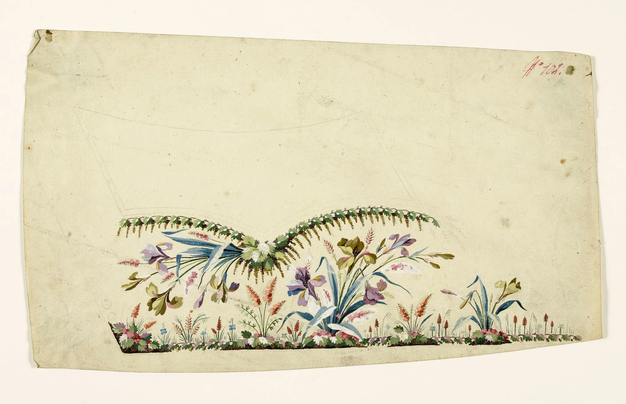 Composition avec bouquet et gerbe d'iris, frise de pampres et feuilles de vigne, projets de broderies de gilet, XVIIIème siècle, detail