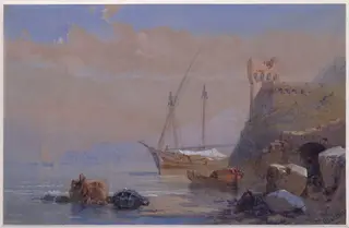 A Mediterranean coast scene with boats at anchor and a ruined castle, by Thomas Charles Leeson Junior Rowbotham, watercolor, 1840