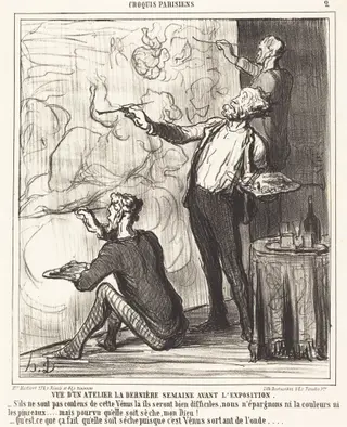 Vue d'un atelier... avant l'exposition, by Honoré Daumier, ink, 1864