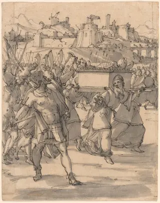 Joshua and the Israelites before the Walls of Jericho, by Christoph Murer, ink, 1600