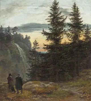 Two Men before a Waterfall at Sunset, by Johan Christian Dahl, oil, 1823