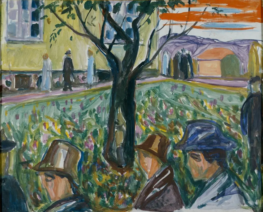 People Wandering in the Garden, by Edvard Munch, oil, 1929