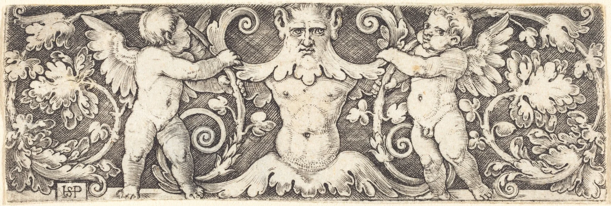 Ornament with Male Half Figure Between Two Genii, detail
