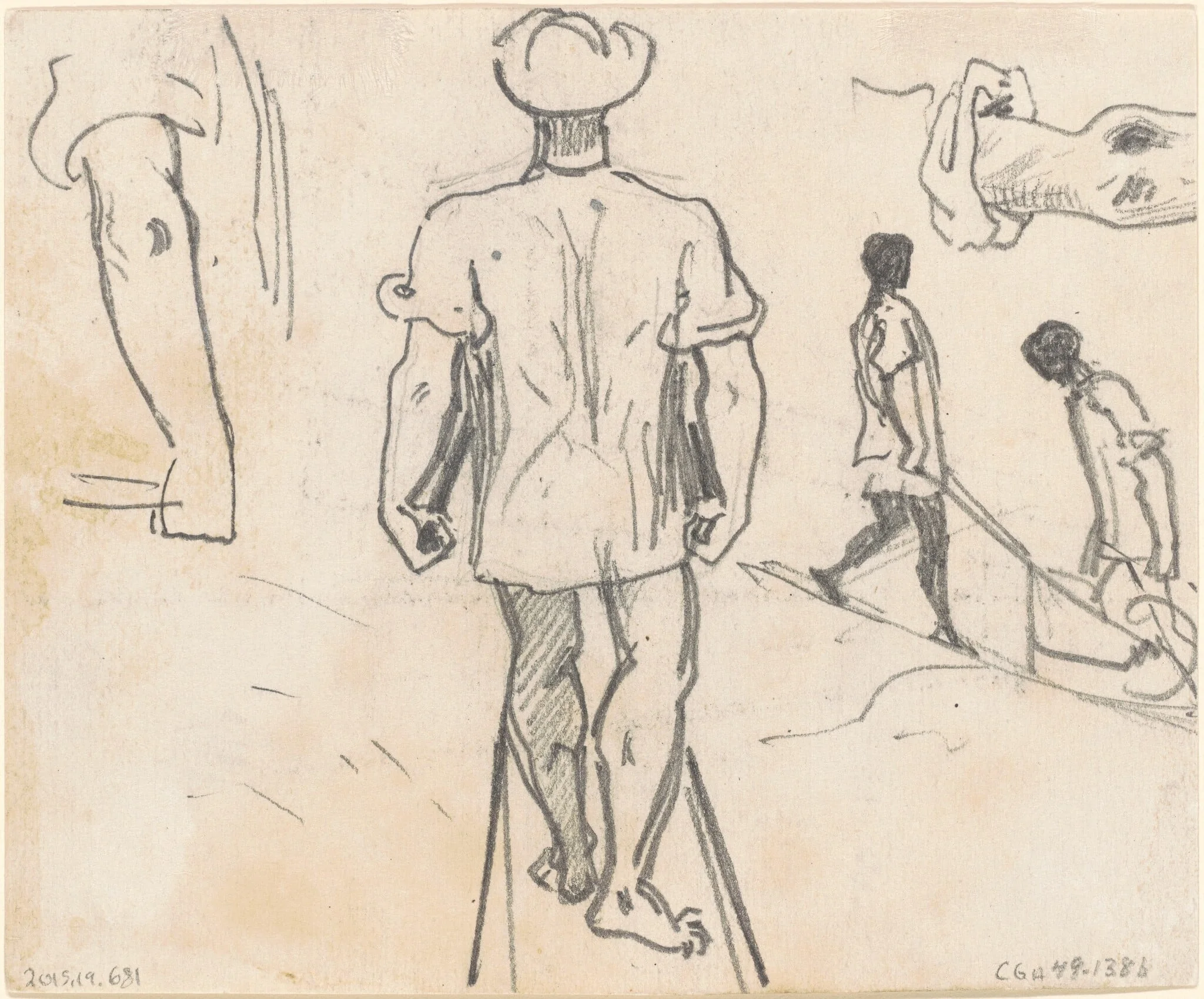 Studies of Peasants with Wheelbarrows [verso], detail
