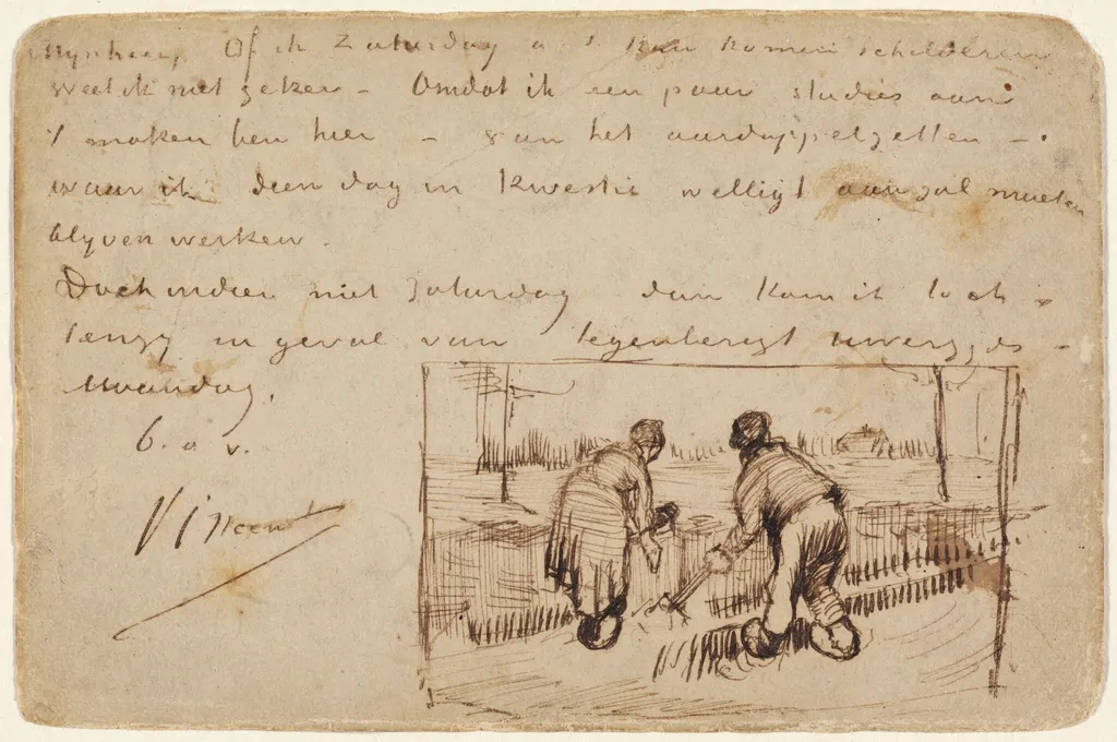 Postcard with Two Peasants Digging, by Vincent van Gogh, ink, 1885