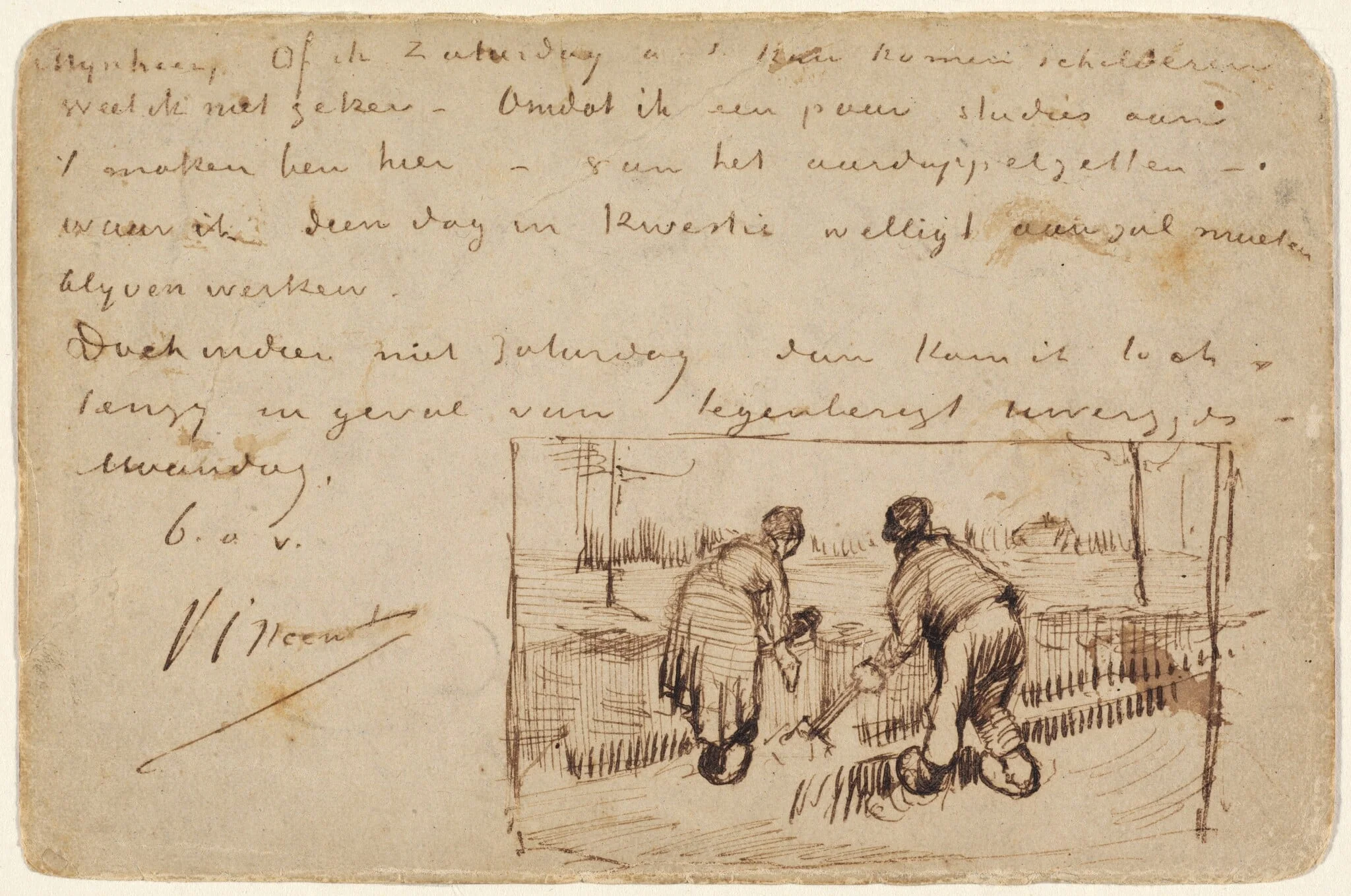Postcard with Two Peasants Digging, detail