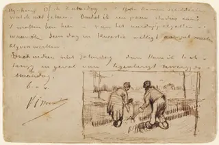 Postcard with Two Peasants Digging, by Vincent van Gogh, ink, 1885