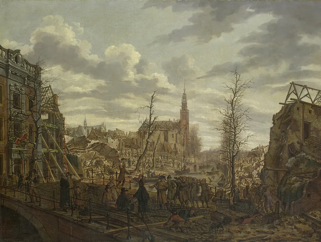 The Rapenburg in Leiden three Days after the Explosion of the Gunpowder-Ship on 12 January 1807, by Johannes Jelgerhuis, oil, 1807