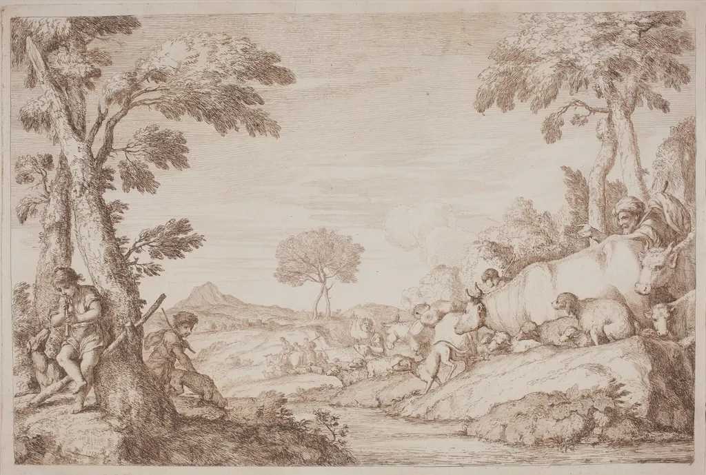 A Pastoral Journey with a Boy Playing His Flute by a Tree, by Gaetano Zompini, ink, 1759