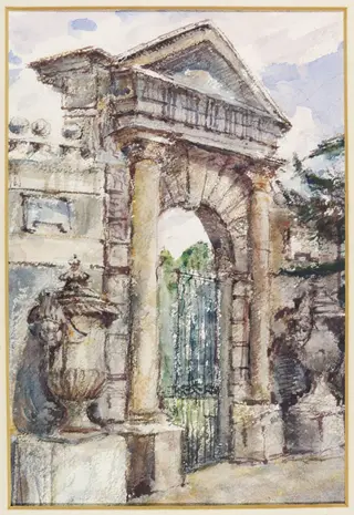 The Inigo Jones Gate, Chiswick House, by Archibald Standish Hartrick, watercolor, 1940