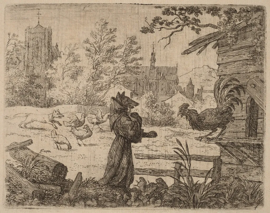 Reynard Disguised as a Monk, by Allart van Everdingen, ink, 1650