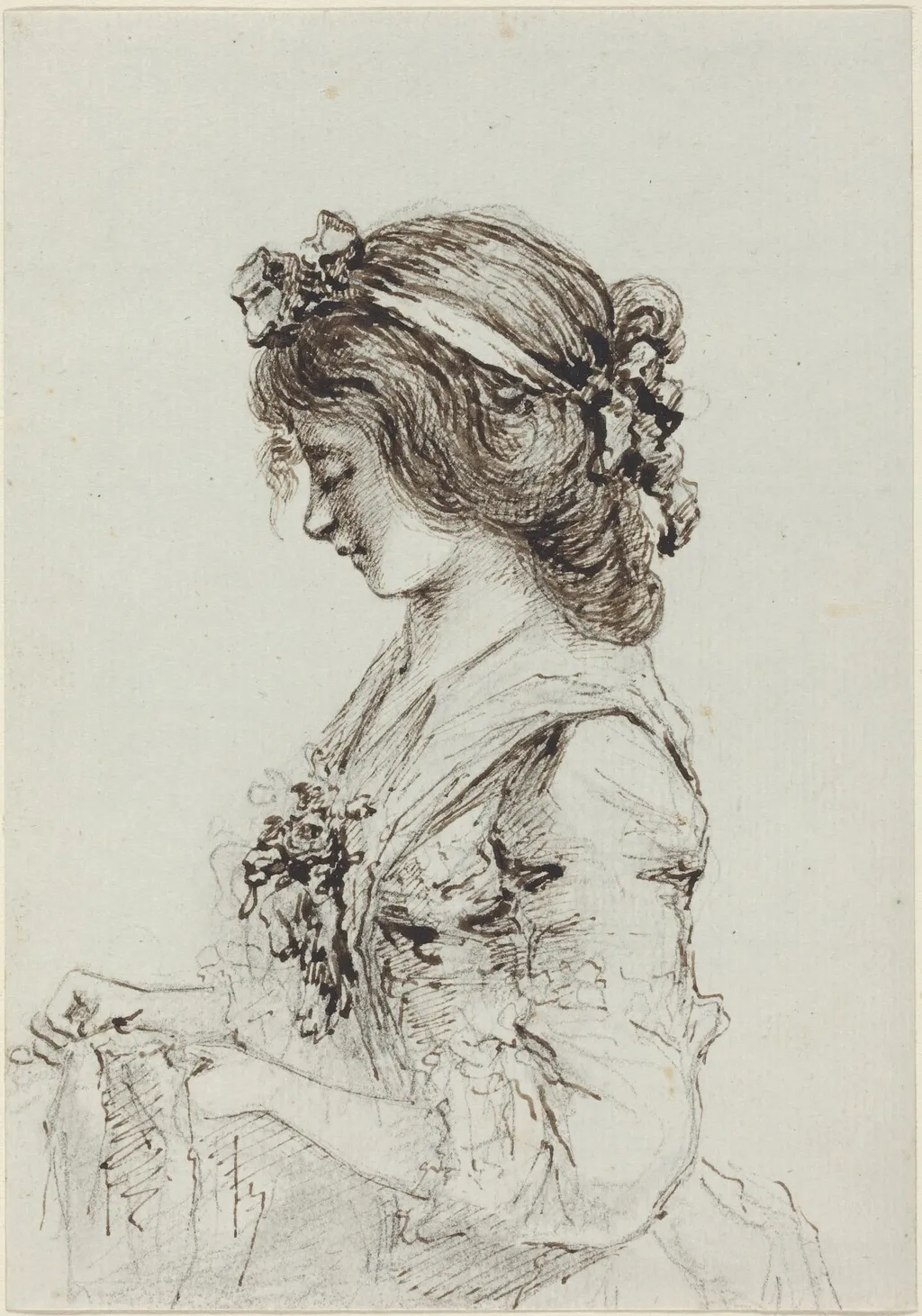 A Young Woman Sewing [recto], by Vivant Denon, ink, 1790