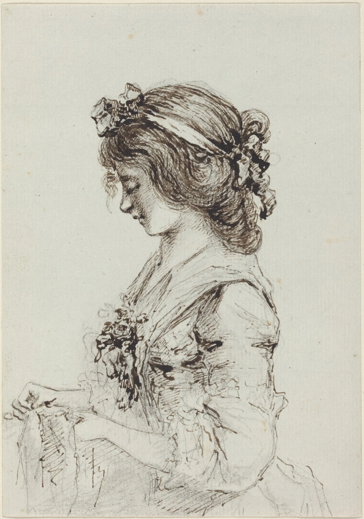 A Young Woman Sewing [recto], detail