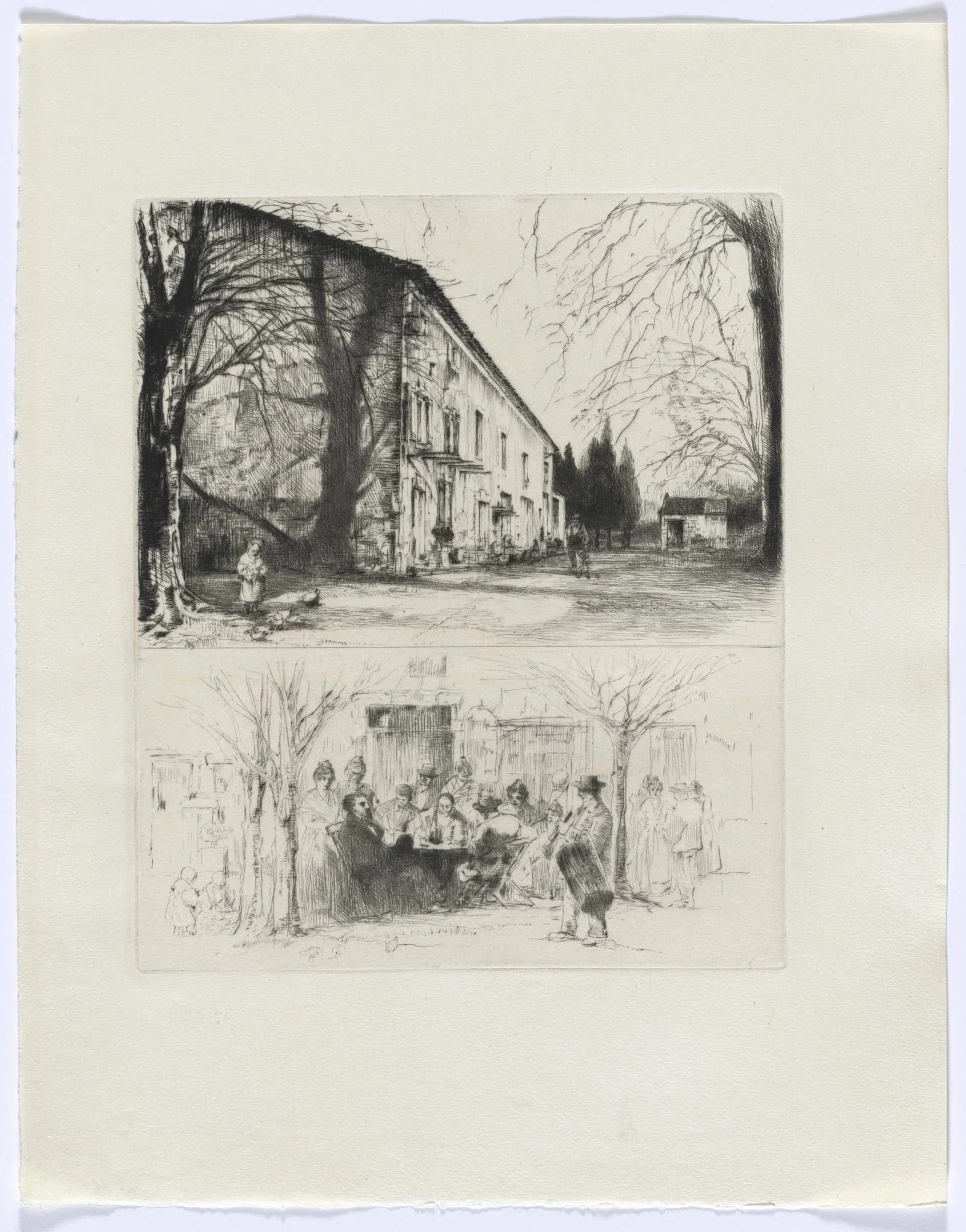 Frédéric Mistral: Mémoires et Recits by Frédéric Mistral: street scene and people at outdoor table (insert after p. 24), detail
