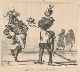 Qui veut de la couronne de Bysance?, by Honoré Daumier, ink, 1855