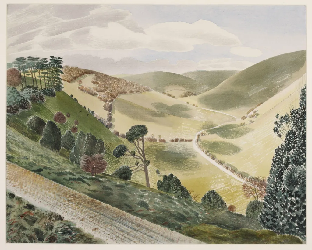 The Causeway, Wiltshire Downs, by Eric Ravilious, watercolor, 1937