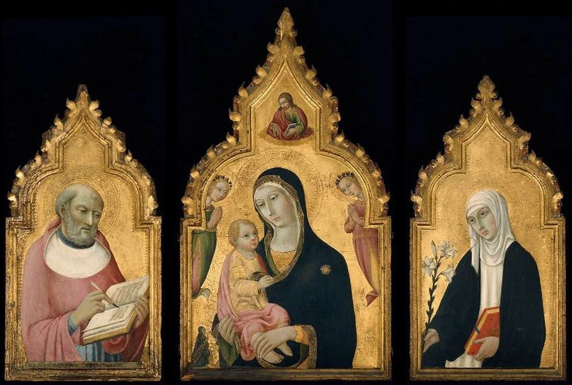 Triptych: The Virgin and Child with the Blessing Christ, Two Angels and a Donor, detail